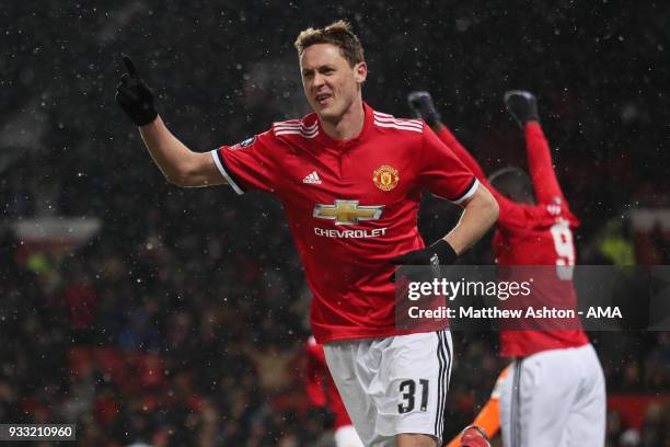 Nemanja Matic of Manchester United celebrates after scoring a goal to make it 2-0 during the FA Cup Quarter Final match between Manchester United and...