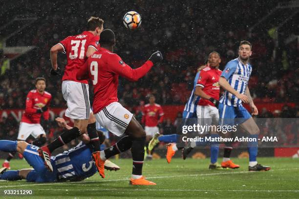 Nemanja Matic of Manchester United scores a goal to make it 2-0 during the FA Cup Quarter Final match between Manchester United and Brighton & Hove...