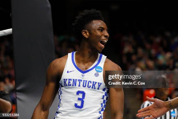 Hamidou Diallo of the Kentucky Wildcats reacts during the first half against the Buffalo Bulls in the second round of the 2018 NCAA Men's Basketball...