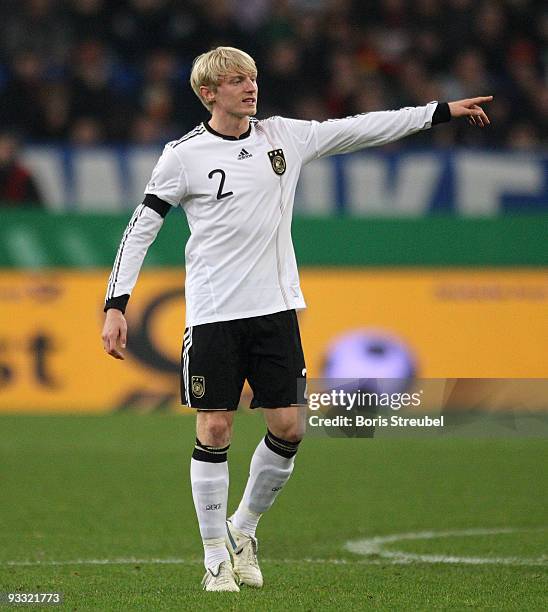 Andreas Beck of Germany gestures during the International Friendly match between Germany and Ivory Coast at the Schalke Arena on November 18, 2009 in...