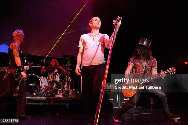 Musicians Duff McKagan, Steven Adler, Chester Bennington and Slash perform at the "LAYN Rocks" benefit concert for the Los Angeles Youth Network,...