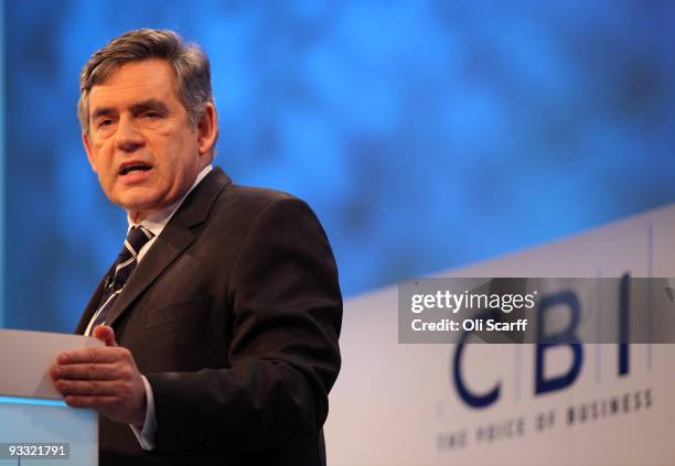 British Prime Minister Gordon Brown delivers a speech to the CBI annual conference at the Park Lane Hilton hotel on November 23, 2009 in London,...