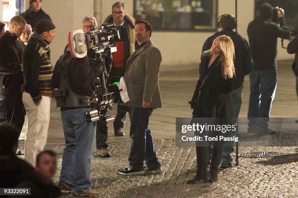 Actress Cameron Diaz and director James Mangold filming on location for 'Knight & Day' at the hotel Stein on November 22, 2009 in Salzburg, Austria....