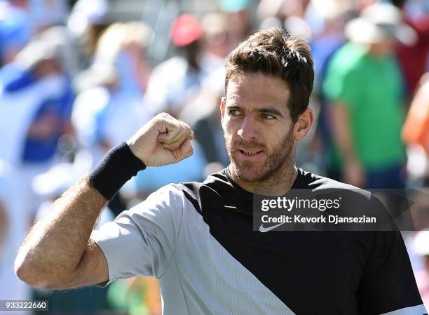 Juan Martin Del Potro of Argentina celebrates after defeating Milos Raonic of Canada during the semifinal match on Day 13 of the BNP Paribas Open on...