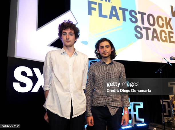 Samuel Keysell and Kieran Godfrey of Febueder pose at Saturday International Artist Showcase at Flatstock during SXSW at Austin Convention Center on...