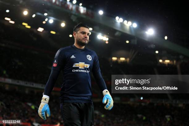 Man Utd goalkeeper Sergio Romero looks on during The Emirates FA Cup Quarter Final match between Manchester United and Brighton and Hove Albion at...