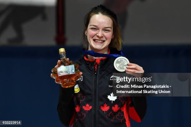 Kim Boutin of Canada showcases her bronze medal after finishing third in the women's 1500 meter Finals during the World Short Track Speed Skating...