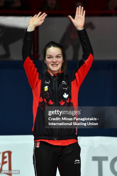 Kim Boutin of Canada acknowledges the fans after finishing third in the women's 1500 meter Finals during the World Short Track Speed Skating...