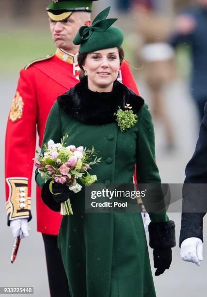 Catherine, Duchess of Cambridge attends the annual Irish Guards St Patrick's Day Parade at Cavalry Barracks on March 17, 2018 in Hounslow, England.