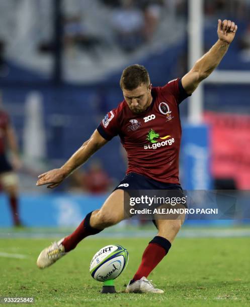 Australia's Reds half scrum James Tuttle takes a penalty kick during the Super Rugby match against Argentina's Jaguares at the Jose Amalfitani...