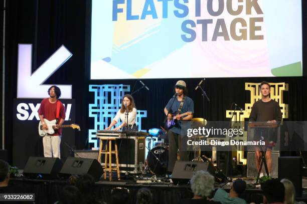 Adam MacPherson, Rosie Long Decter, Chris Steward, and Tom Gould of Bodywash perform onstage at Saturday International Artist Showcase at Flatstock...