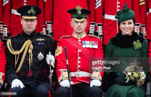 Prince William, Duke of Cambridge and Catherine, Duchess of Cambridge attend the annual Irish Guards St Patrick's Day Parade at Cavalry Barracks on...