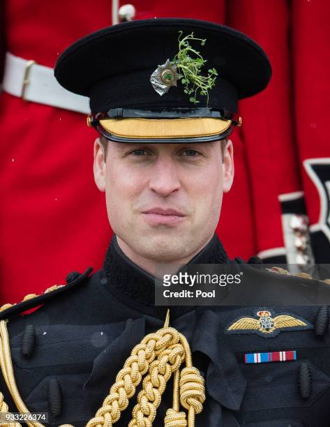 Prince William, Duke of Cambridge attends the annual Irish Guards St Patrick's Day Parade at Cavalry Barracks on March 17, 2018 in Hounslow, England.