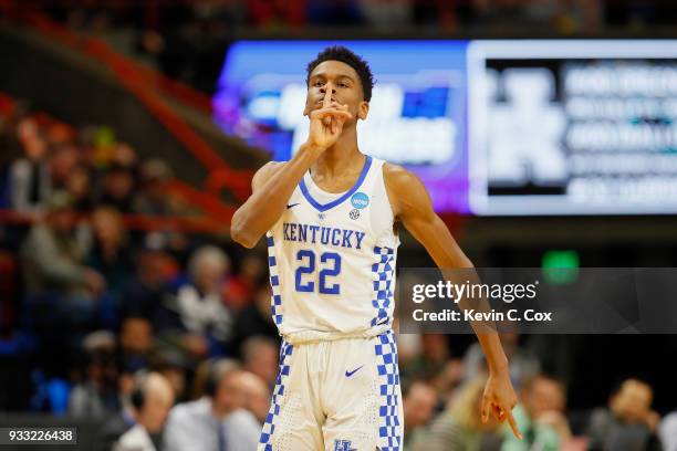 Shai Gilgeous-Alexander of the Kentucky Wildcats gestures during the first half against the Buffalo Bulls in the second round of the 2018 NCAA Men's...