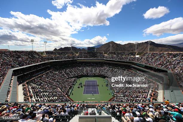 General view of the full stands during the semifinal match between Roger Federer of Switzerland and Borna Coric of Croatia at BNP Paribas Open - Day...