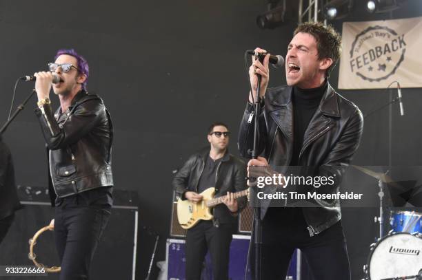 Chris Cester and Miles Kane of Dr. Pepper's Jaded Hearts Club Band perform during Rachael Ray's Feedback party at Stubb's Bar B Que during the South...