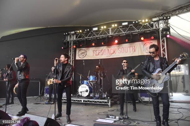 Chris Cester, Miles Kane, and Matthew Bellamy and Dr. Pepper's Jaded Hearts Club Band perform during Rachael Ray's Feedback party at Stubb's Bar B...