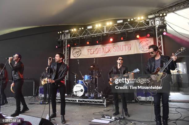 Chris Cester, Miles Kane, and Matthew Bellamy and Dr. Pepper's Jaded Hearts Club Band perform during Rachael Ray's Feedback party at Stubb's Bar B...