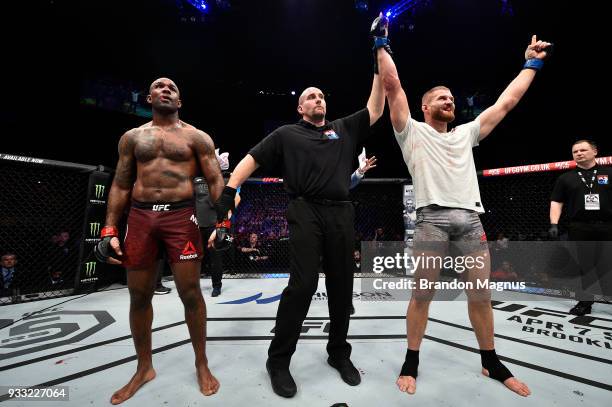 Jan Blachowicz of Poland celebrates after defeating Jimi Manuwa by unanimous decision in their light heavyweight bout inside The O2 Arena on March...