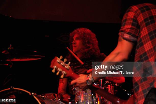 Former Guns N' Roses drummer Steven Adler performs at the "LAYN Rocks" benefit concert for the Los Angeles Youth Network, held at the Avalon...