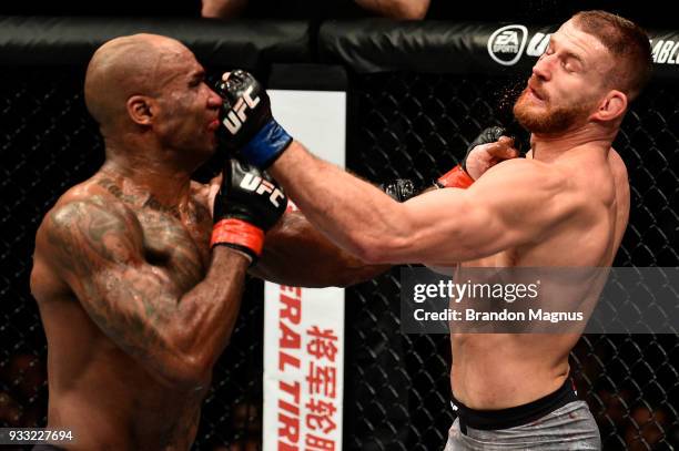 Jan Blachowicz of Poland punches Jimi Manuwa in their light heavyweight bout inside The O2 Arena on March 17, 2018 in London, England.