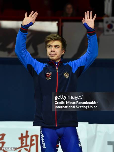 Semen Elistratov of Russia acknowledges the fans after finishing third in the men's 500 meter Final during the World Short Track Speed Skating...