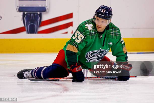 Mark Letestu of the Columbus Blue Jackets warms up prior to the start of the game against the Ottawa Senators on March 17, 2018 at Nationwide Arena...