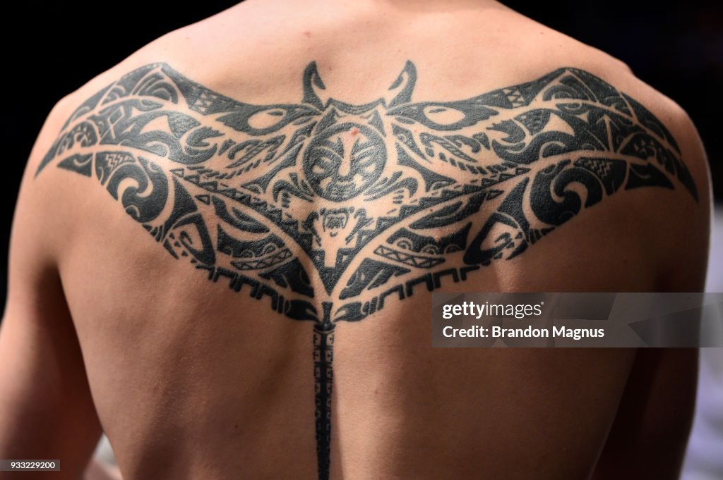 A detail shot of the back tattoo of Alexander Volkov of Russia prior