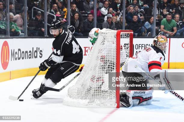 Nate Thompson of the Los Angeles Kings handles the puck during a game against the New Jersey Devils at STAPLES Center on March 17, 2018 in Los...