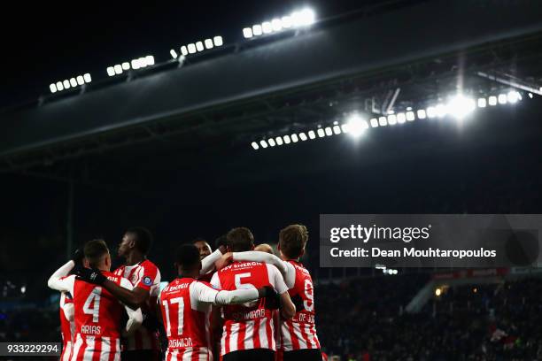 Marco van Ginkel of PSV celebrates scoring his teams first goal of the game with team mates during the Dutch Eredivisie match between PSV Eindhoven...