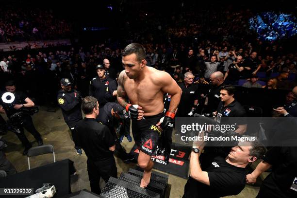 Fabricio Werdum of Brazil enters the Octagon prior to facing Alexander Volkov of Russia in their heavyweight bout inside The O2 Arena on March 17,...