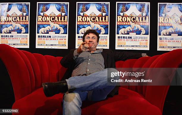 Famous clown David Larible gestures during a press conference at the Tempodrom on November 23, 2009 in Berlin, Germany. The Roncalli Christmas Circus...