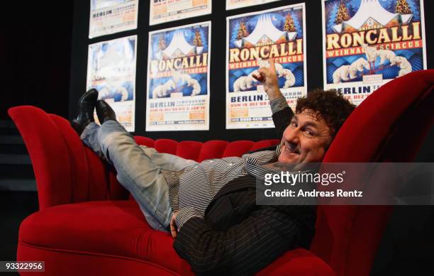 Famous clown David Larible gestures during a press conference at the Tempodrom on November 23, 2009 in Berlin, Germany. The Roncalli Christmas Circus...