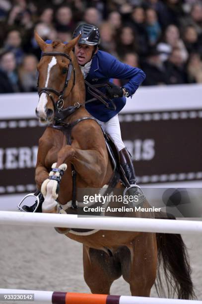 Philippe Rozier of France on Reveur De Kergane competes during the Saut Hermes at Le Grand Palais on March 17, 2018 in Paris, France.