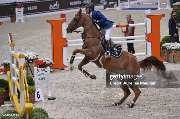 Philippe Rozier of France on Reveur De Kergane competes during the Saut Hermes at Le Grand Palais on March 17, 2018 in Paris, France.