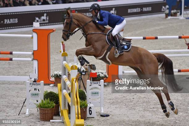 Philippe Rozier of France on Reveur De Kergane competes during the Saut Hermes at Le Grand Palais on March 17, 2018 in Paris, France.
