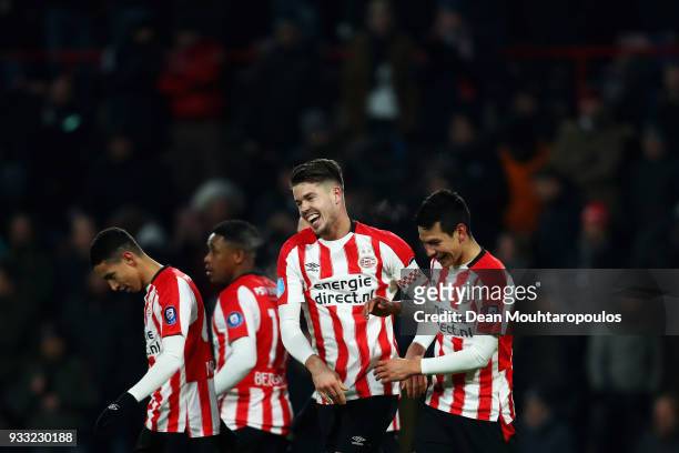 Marco van Ginkel of PSV celebrates scoring his teams second goal of the game with team mates during the Dutch Eredivisie match between PSV Eindhoven...