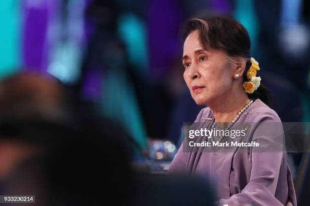 Myanmar State Counsellor Aung San Suu Kyi looks on at the Leaders Plenary on March 18, 2018 in Sydney, Australia. The ASEAN-Australia Special Summit...