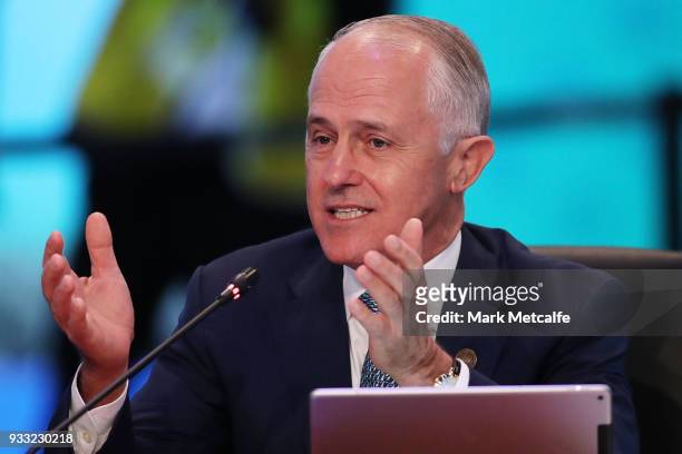 Australian Prime Minister Malcolm Turnbull makes an opening speech at the Leaders Plenary on March 18, 2018 in Sydney, Australia. The ASEAN-Australia...
