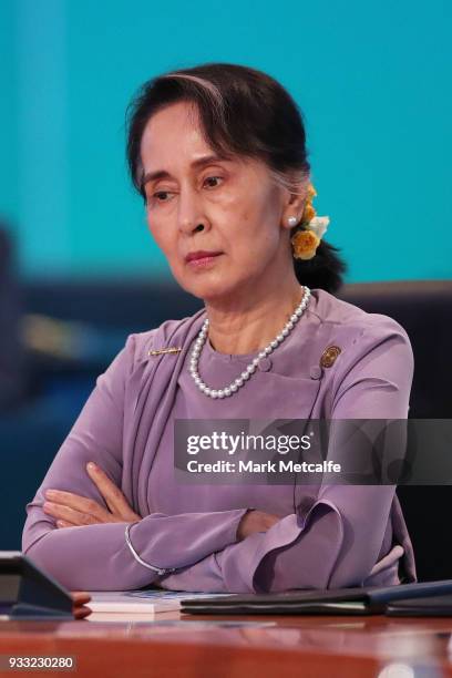 Myanmar State Counsellor Aung San Suu Kyi looks on at the Leaders Plenary on March 18, 2018 in Sydney, Australia. The ASEAN-Australia Special Summit...