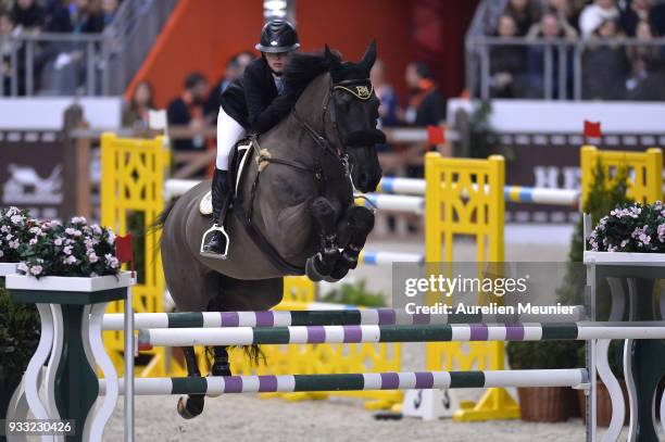 Jessie Drea of Great Britain on Javas Wild Child competes during the Saut Hermes at Le Grand Palais on March 17, 2018 in Paris, France.