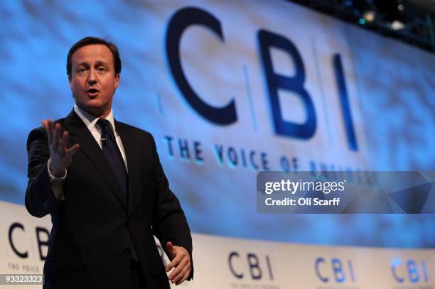 Leader of the Conservative Party David Cameron delivers a speech to the CBI annual conference at the Park Lane Hilton hotel on November 23, 2009 in...