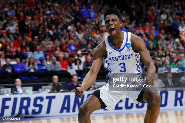 Hamidou Diallo of the Kentucky Wildcats celebrates after dunking against the Buffalo Bulls during the second half in the second round of the 2018...