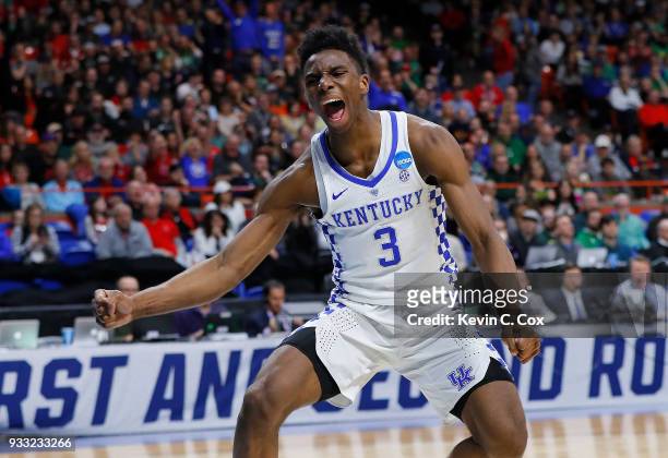 Hamidou Diallo of the Kentucky Wildcats celebrates after dunking against the Buffalo Bulls during the second half in the second round of the 2018...