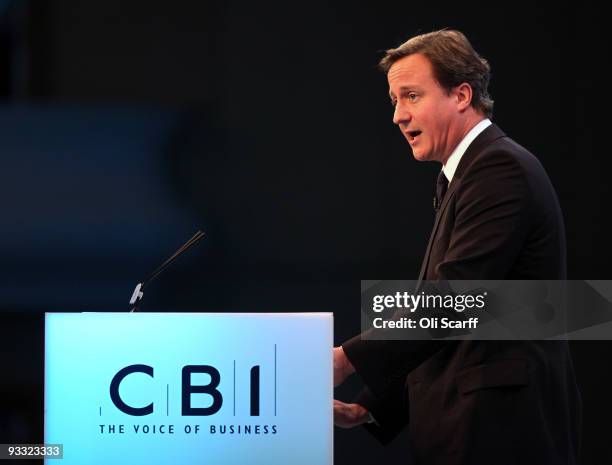 Leader of the Conservative Party David Cameron delivers a speech to the CBI annual conference at the Park Lane Hilton hotel on November 23, 2009 in...