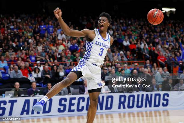 Hamidou Diallo of the Kentucky Wildcats celebrates after dunking against the Buffalo Bulls during the second half in the second round of the 2018...