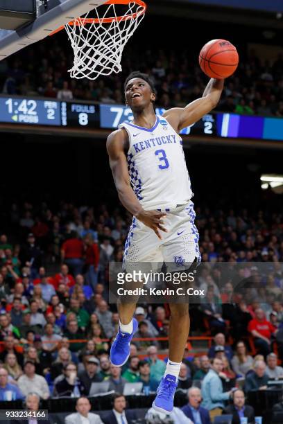 Hamidou Diallo of the Kentucky Wildcats dunks the ball during the second half against the Buffalo Bulls in the second round of the 2018 NCAA Men's...