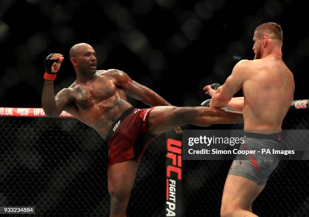 Jimi Manuwa in action against Jan Blachowicz during their Light Heavyweight fight at The O2 Arena, London.