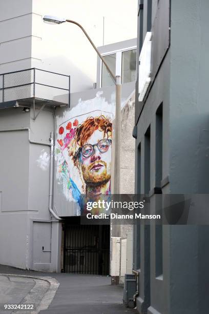 Mural of Ed Sheeran on Bath St, painted by Dunedin artist Tyler Kennedy Stent is seen on March 18, 2018 in Dunedin, New Zealand. The mural was...