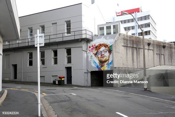Mural of Ed Sheeran on Bath St, painted by Dunedin artist Tyler Kennedy Stent is seen on March 18, 2018 in Dunedin, New Zealand. The mural was...